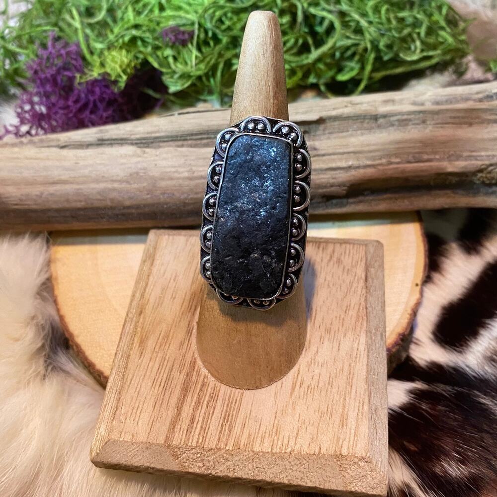Black Tourmaline Statement Ring Sterling silver Plated Size 8.5
